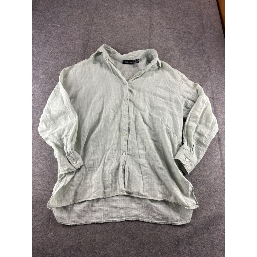 Style & Co Sage Green Linen Blend Button Down Shirt Long Sleeve Boho Coastal L
